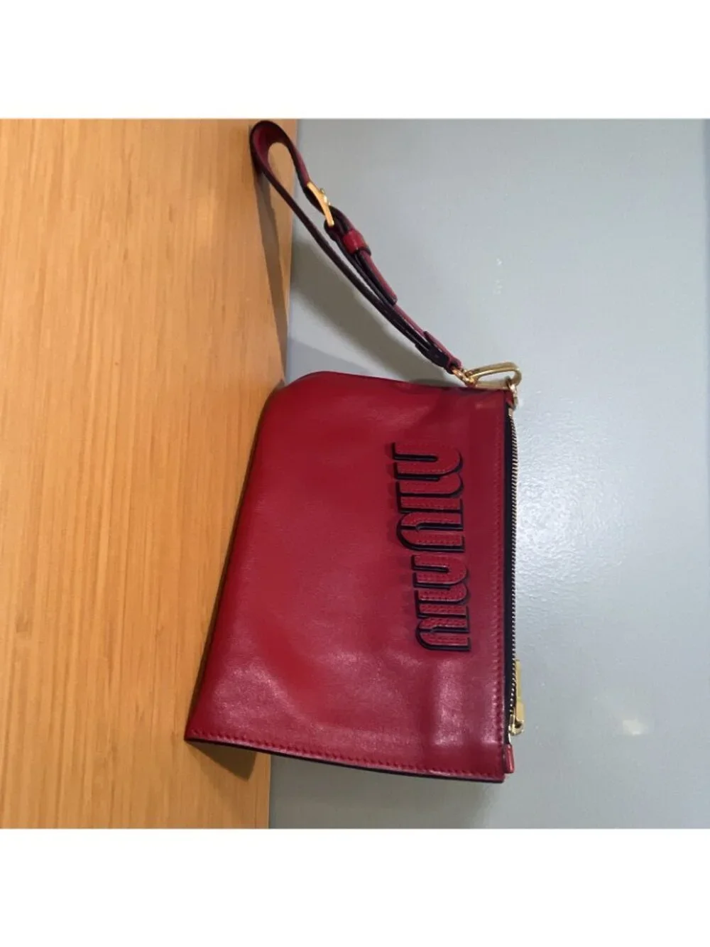 Miu Miu Red Logo Zip Wristlet Clutch Pouch w/ Wrist Strap Gold Hardware